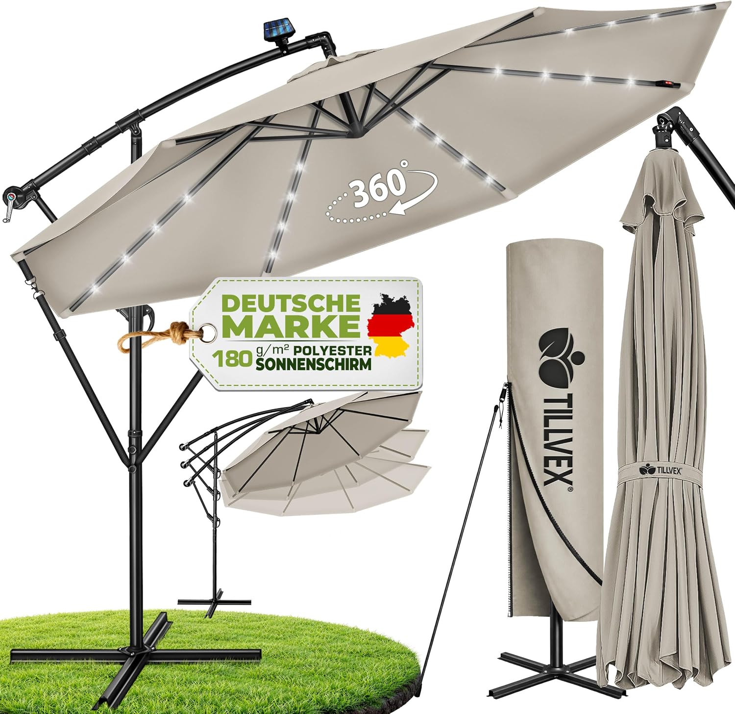 tillvex Alu Ampelschirm mit LED Solar Abdeckung, Kurbel und UV-Schutz Ø 300 cm
