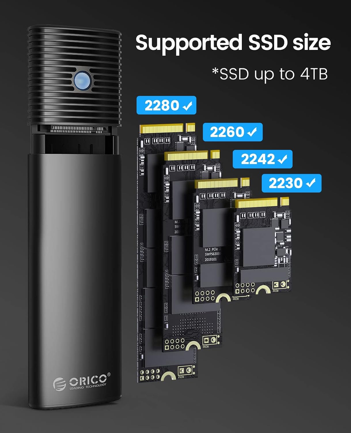 Detalle 2 de ORICO NVMe/M.2 SATA Adapter-Gehäuse für USB 3.2 Gen 2 (10 Gbps) – Werkzeugloses M.2 Case mit UASP, TRIM & SMART