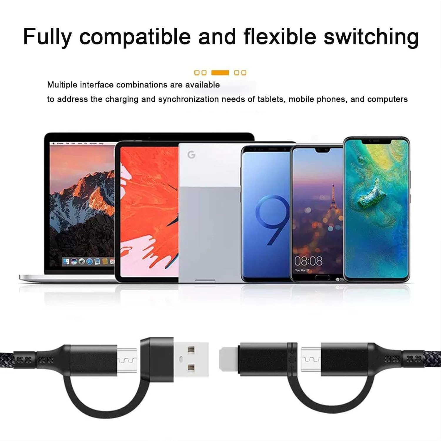 Detalle de Multi Charger Cable 4 in 1: Fast Charging, 60W, 1.2m – USB A/USB C Universal Cable