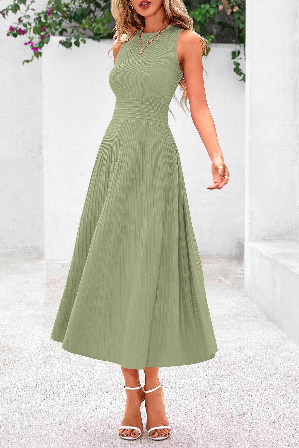 Detalle 1 de PRETTYGARDEN PR930 Women's Pleated Knit Midi Dress, Sleeveless A-Line
