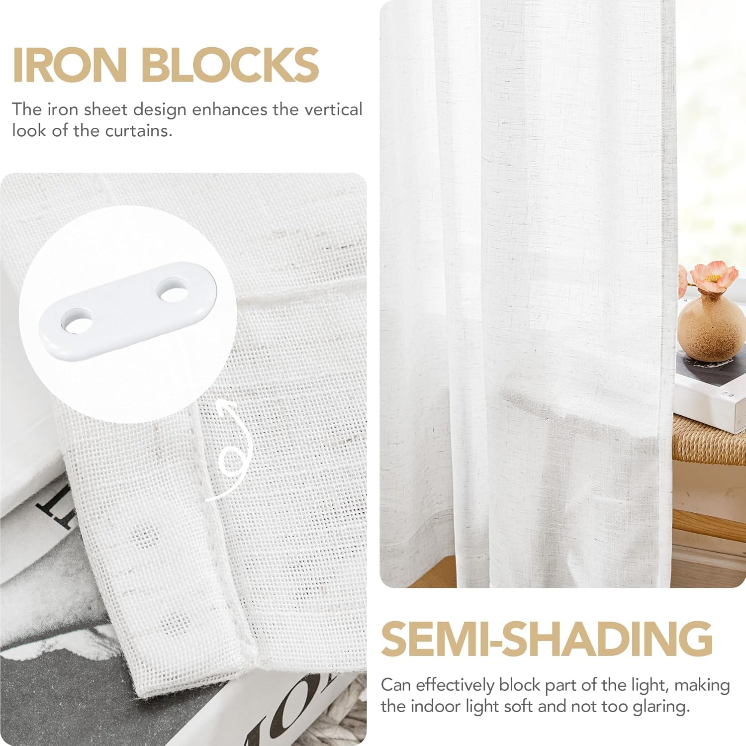 Thumbnail 4 de Deconovo Semi-Transparent Net Curtains: White Linen Sheer Voile, 2 Panels (55 x 54 Inches)