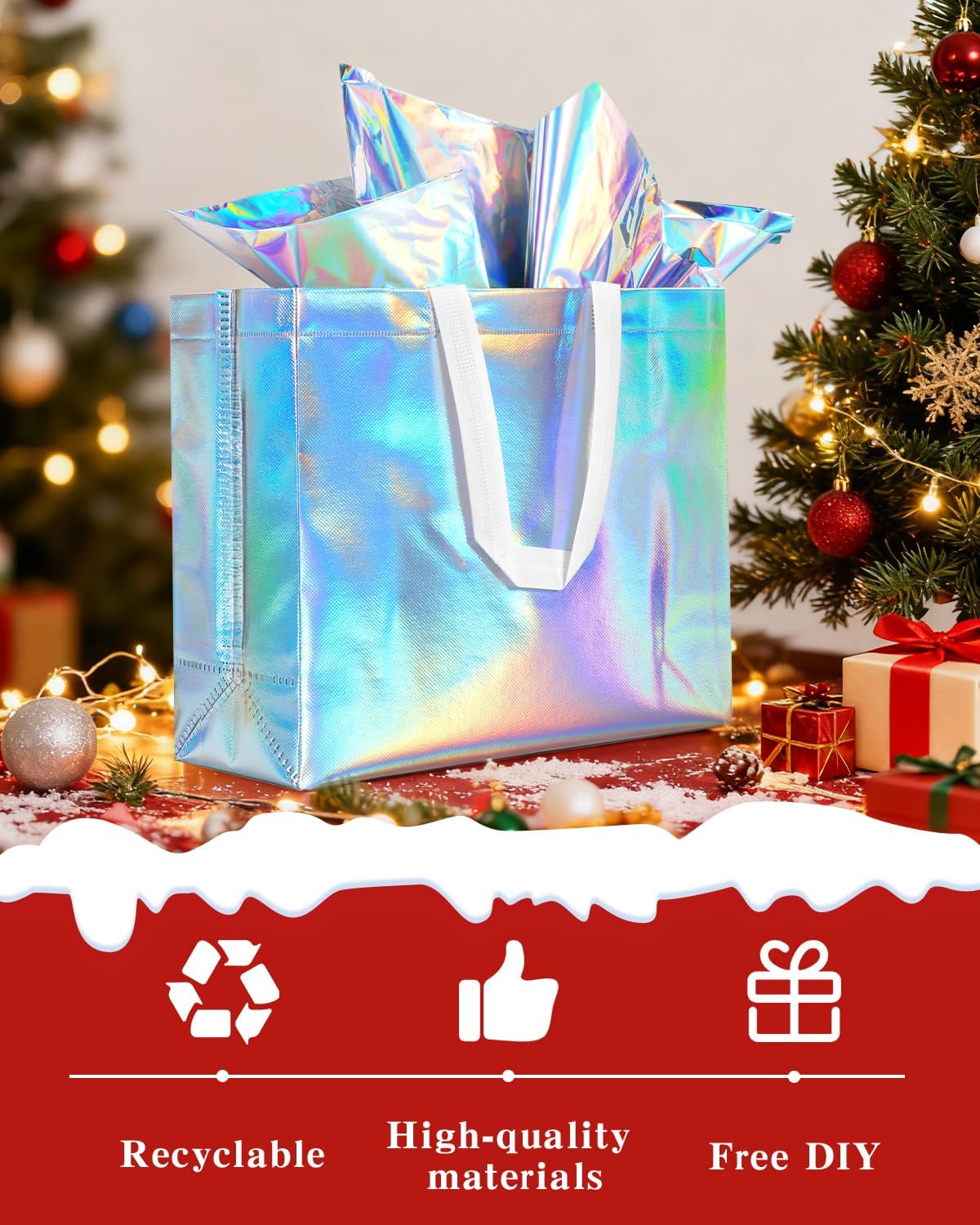 Thumbnail 3 de Lzerking Reusable Gift Bags Set — 30 Pack, Holographic Non-Woven with Handles (13x5x11 inches)