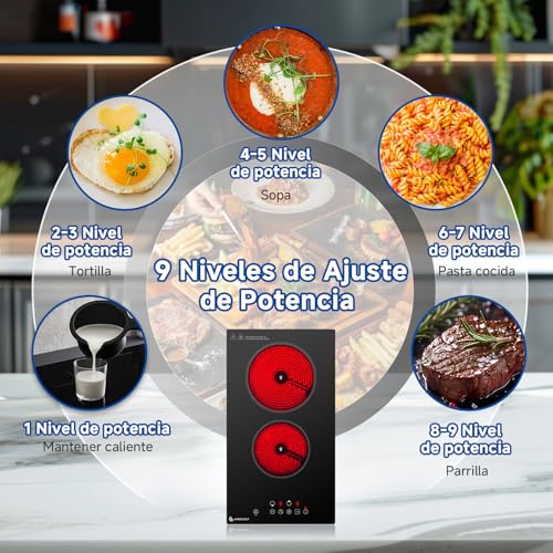 Detalle de AMZCHEF Placa Vitrocerámica 2 Fuegos de Sobremesa/Empotrable, 3200W con 9 Niveles y Seguridad Completa
