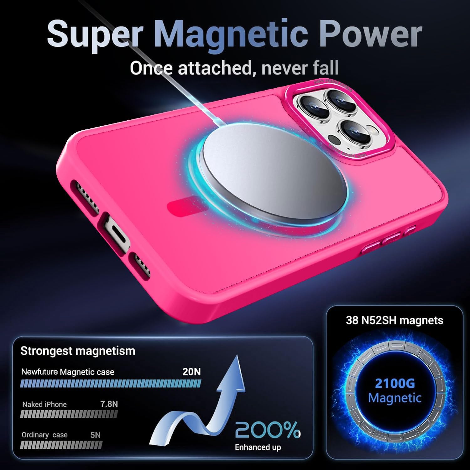 Detalle de Newfuture MagSafe Case for iPhone 16 Pro – Hot Pink, Slim, 13 FT Drop Protection
