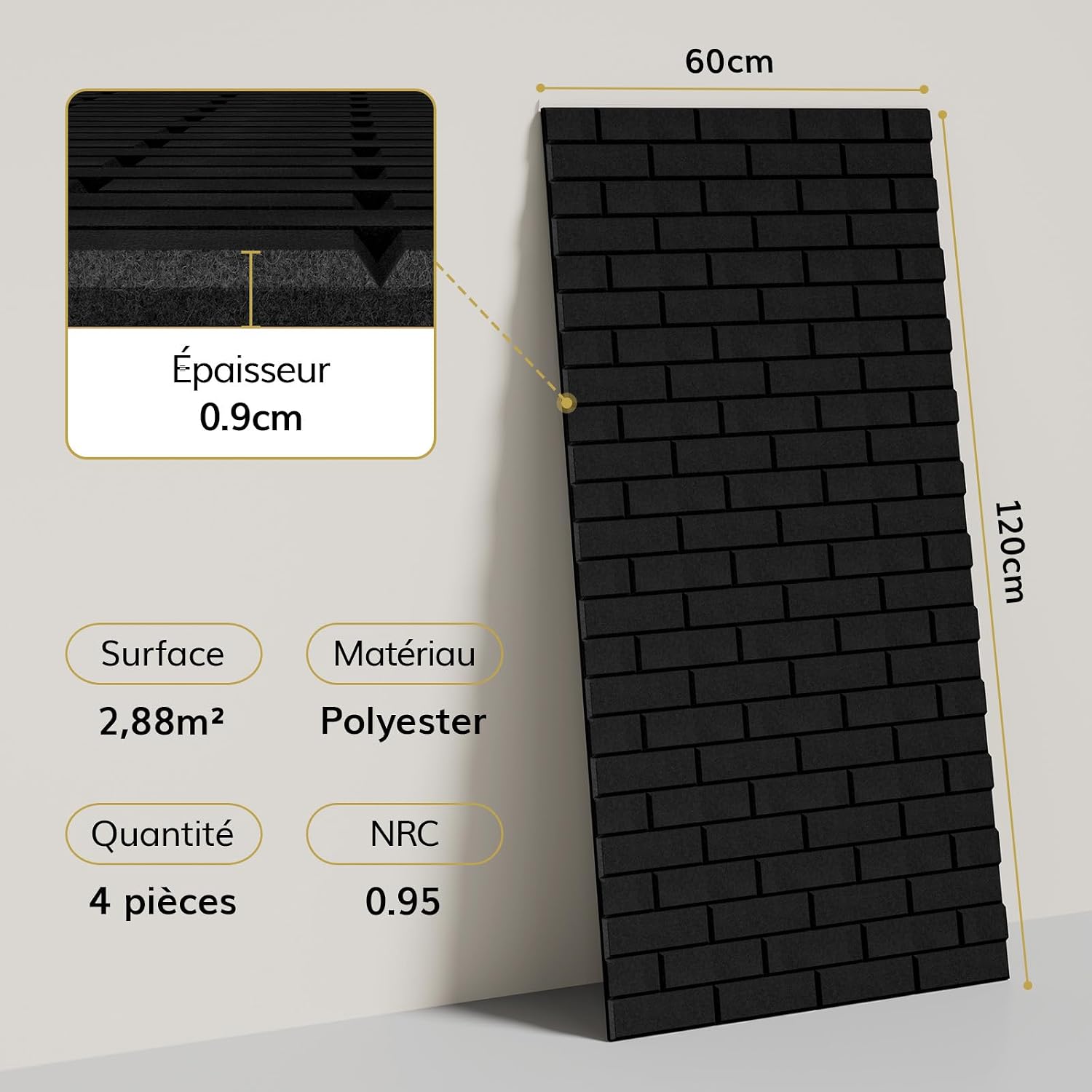 Detalle 1 de TONOR 25042 akoestische panelen, set van 4, zelfklevend, 120 x 60 x 0,9 cm