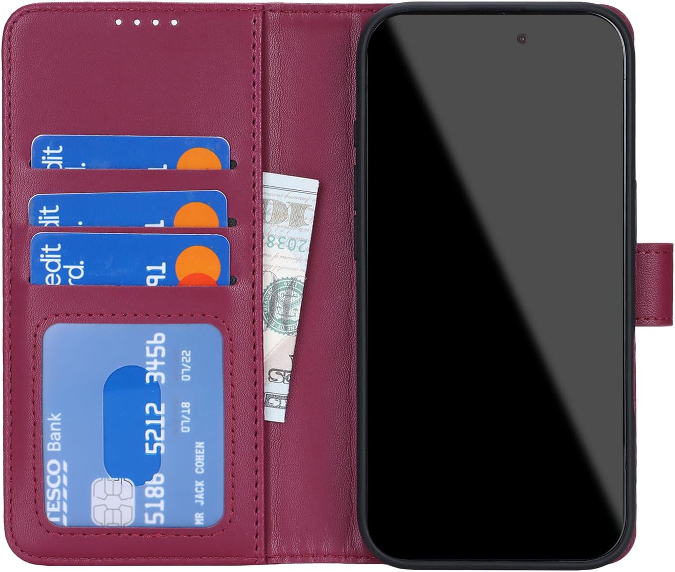 Detalle de Zouzt Case for iPhone 17 Pro Max 6.9-inch – PU leather wallet flip case with kickstand and card slots (Red)