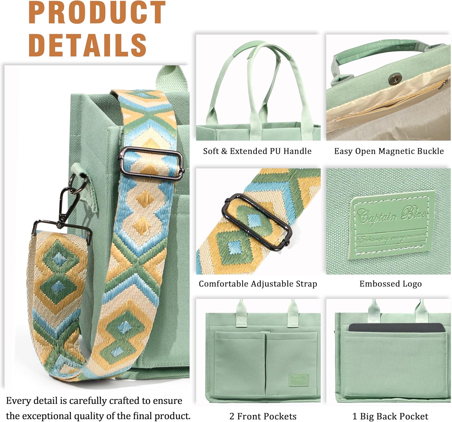 Detalle 2 de Captain Blues Canvas Tote Bags for Women: Large Multi-Pocket Tote with Adjustable Straps