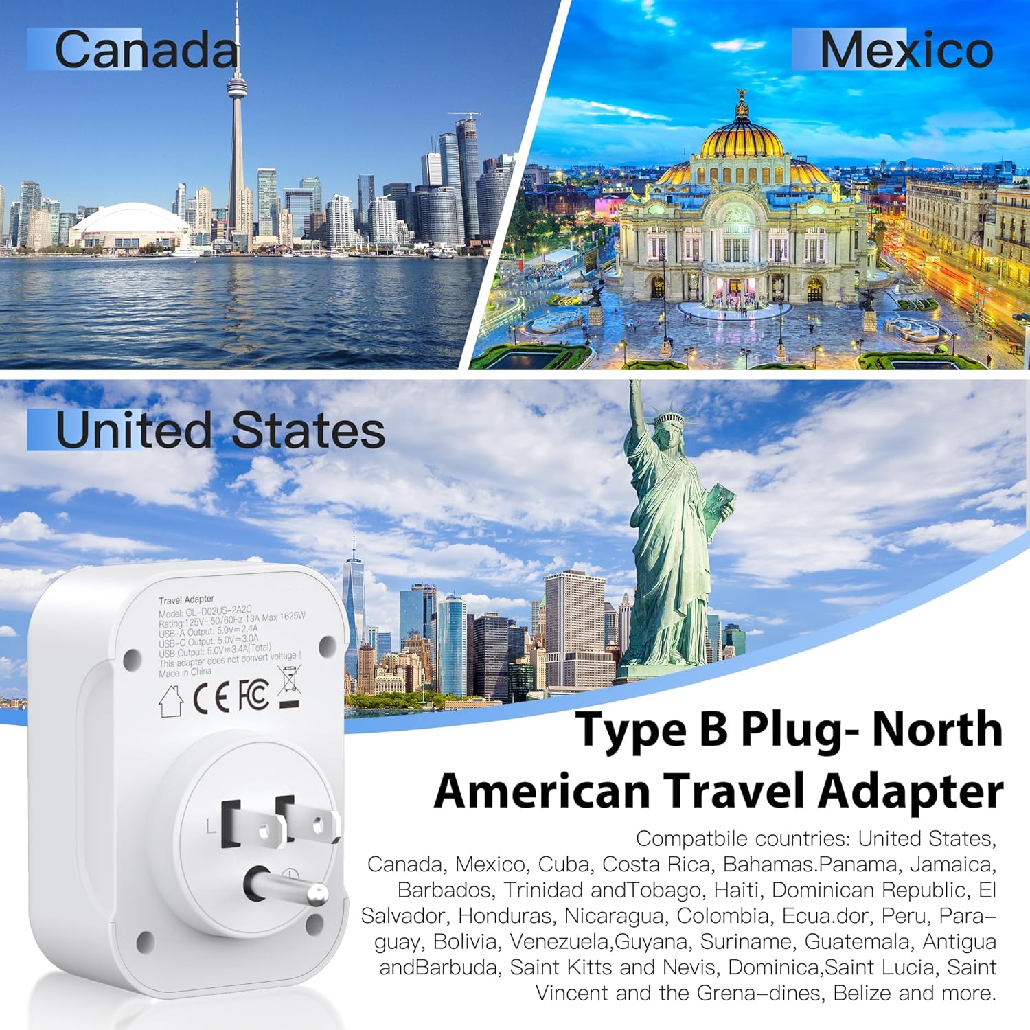 Thumbnail 1 de AUNNO UK to US Plug Adaptor (Type B) with 20W Charging and 4 USB Ports