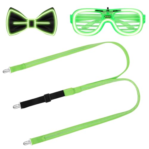 Detalle de Alaoo Gafas LED Luminosas, Conjunto de Gafas + Pajarita + Tirantes Luminosos en Verde