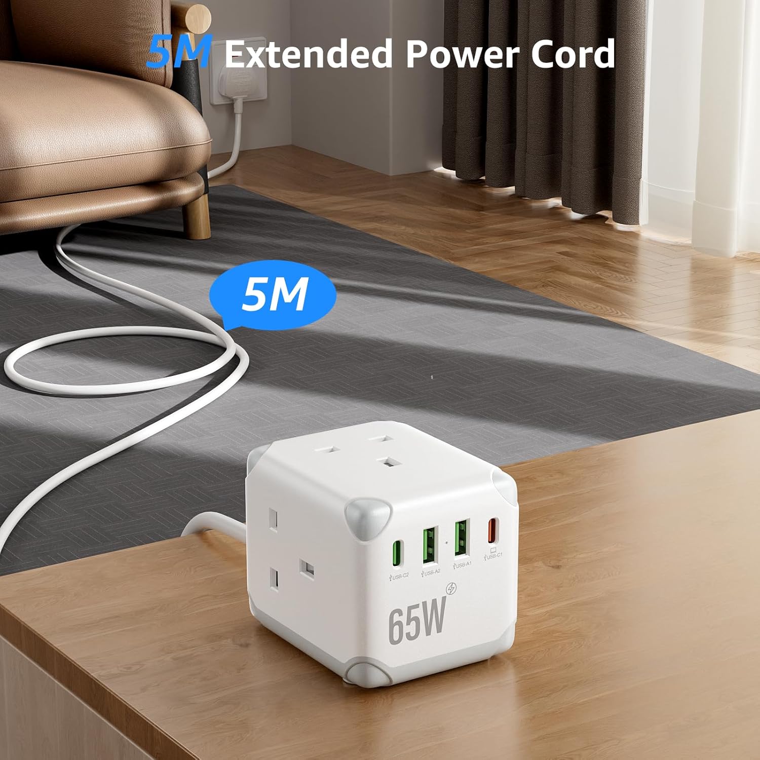 Thumbnail 6 de 5M Cube USB Extension Lead with PD65W, 3 UK Sockets + 2 USB-C + 2 USB-A