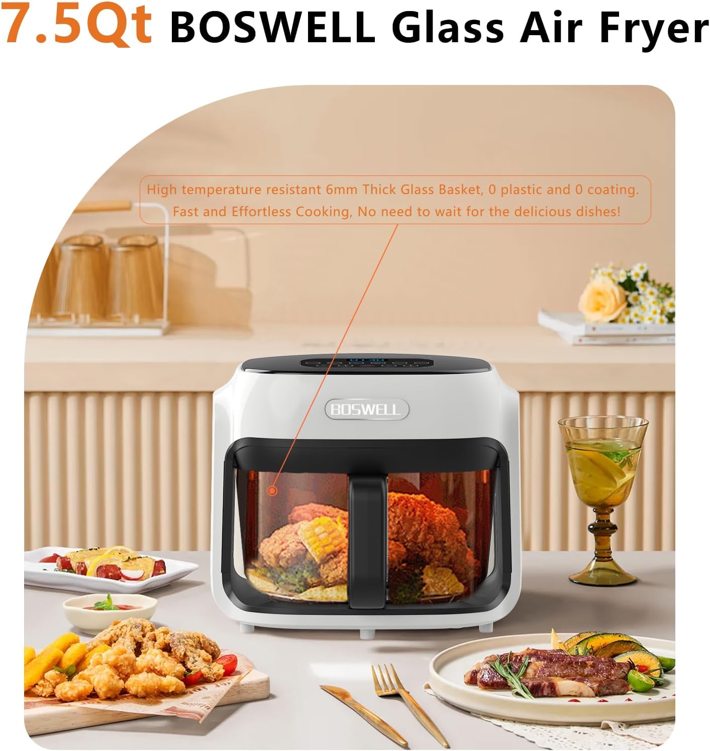 Thumbnail 2 de BOSWELL Glass Air Fryer (7.5QT) with Transparent Fry Bowl, 1800W Rapid Heating, Dishwasher-Safe Design (White)
