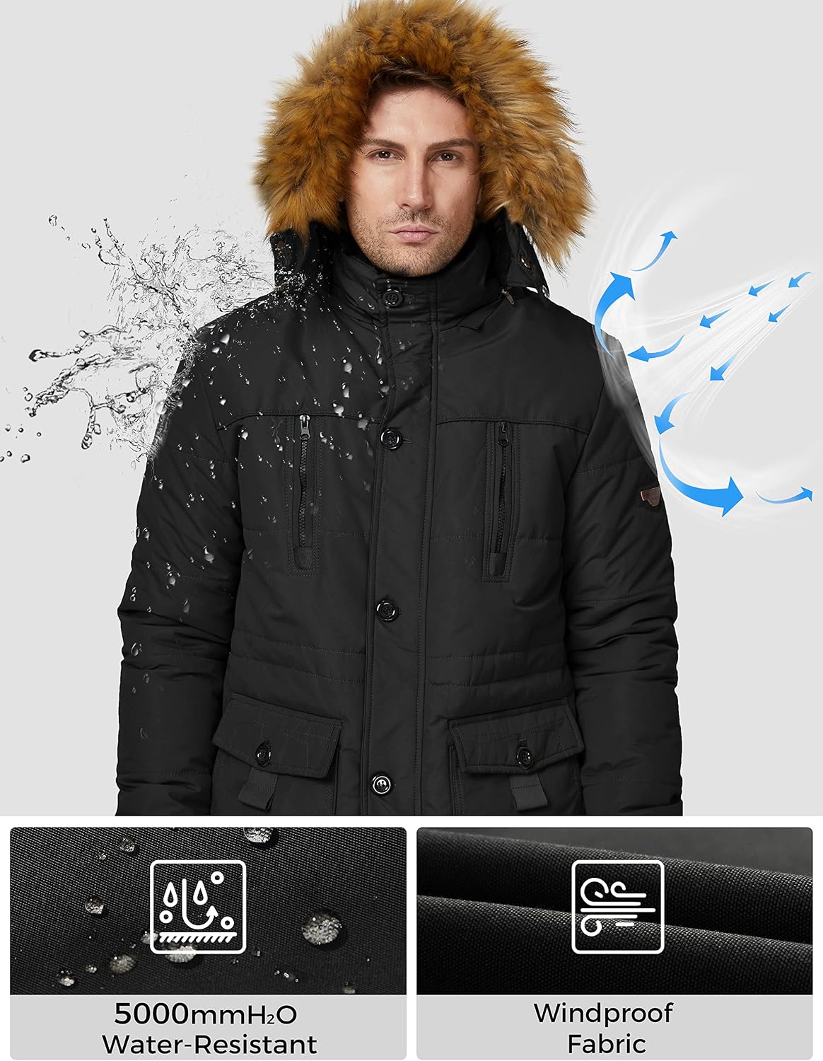 Thumbnail 3 de WenVen 9936 parkas för herr med bomullsskal, fleecefoder och huva