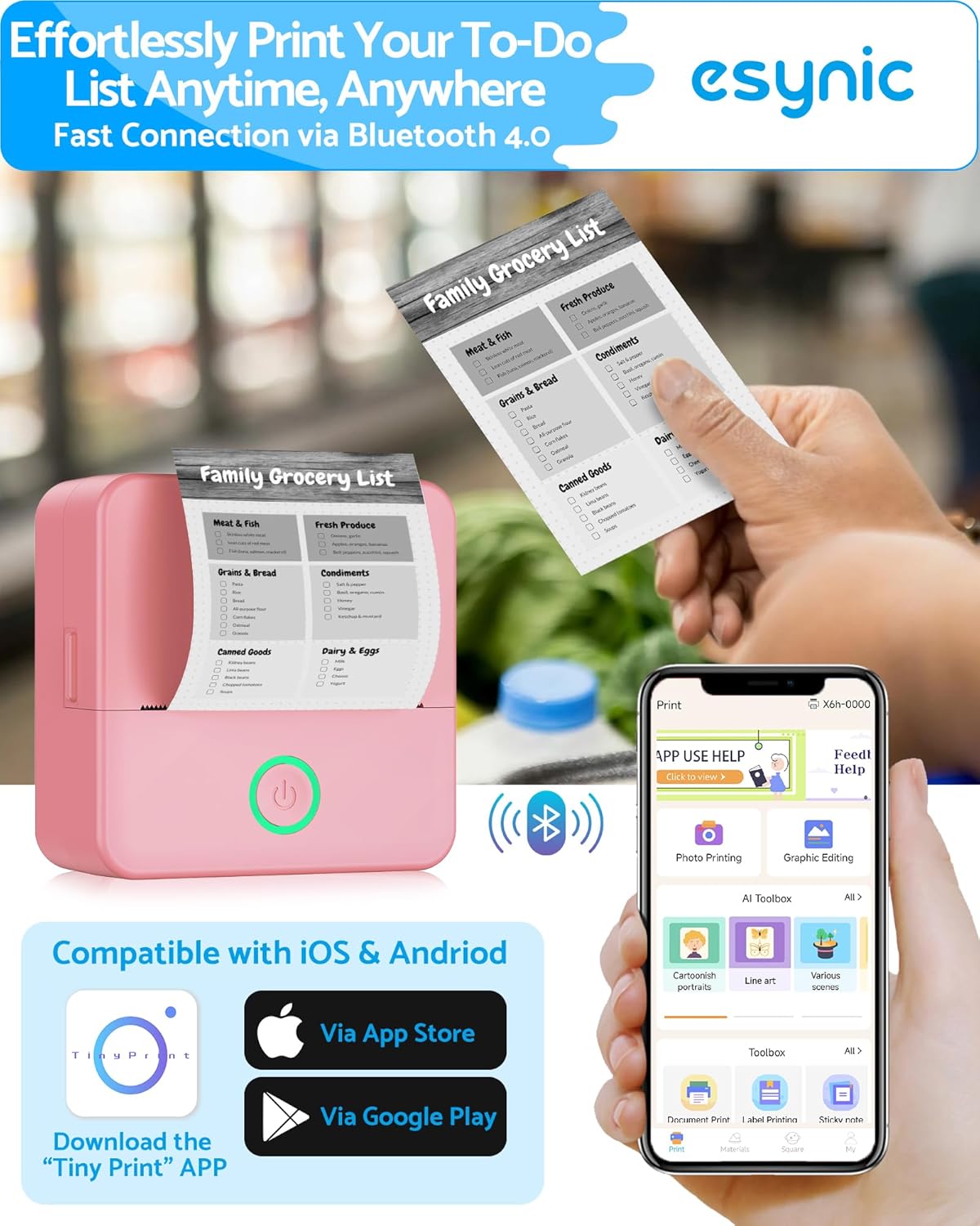 Detalle de eSynic Pink Mini Portable Thermal Printer: Pocket-Sized, Inkless Photo & Sticker Printer