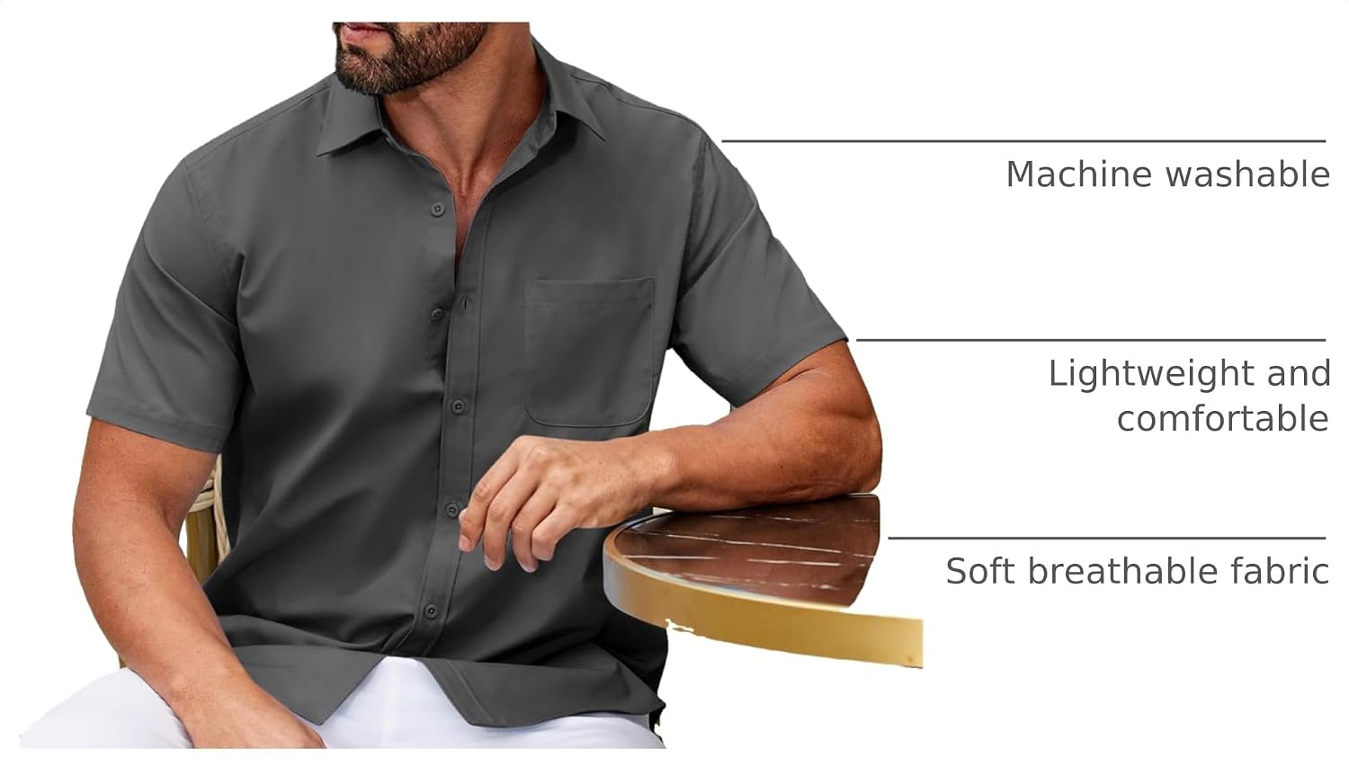 Detalle 2 de COOFANDY Men's Short Sleeve Button-Down Shirt with Pocket, Untucked Summer Style