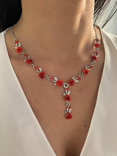 Thumbnail 8 de ONDEGO Schmuckset Rot Blumen Silber – Collier, Ohrringe und Strass für Hochzeit und Fest