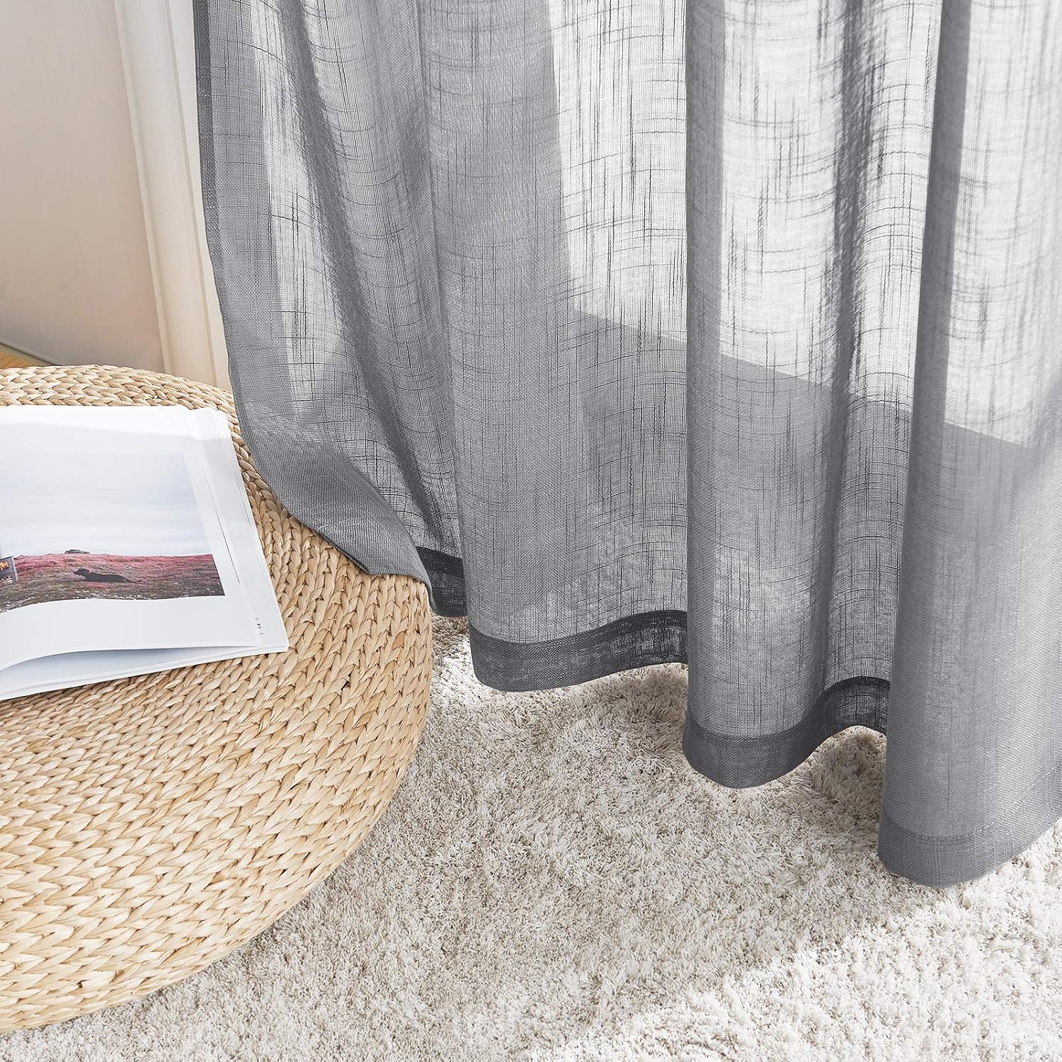 Thumbnail 4 de PONY DANCE Grey Voile Curtains – Linen-look net curtains for small windows (2 panels)