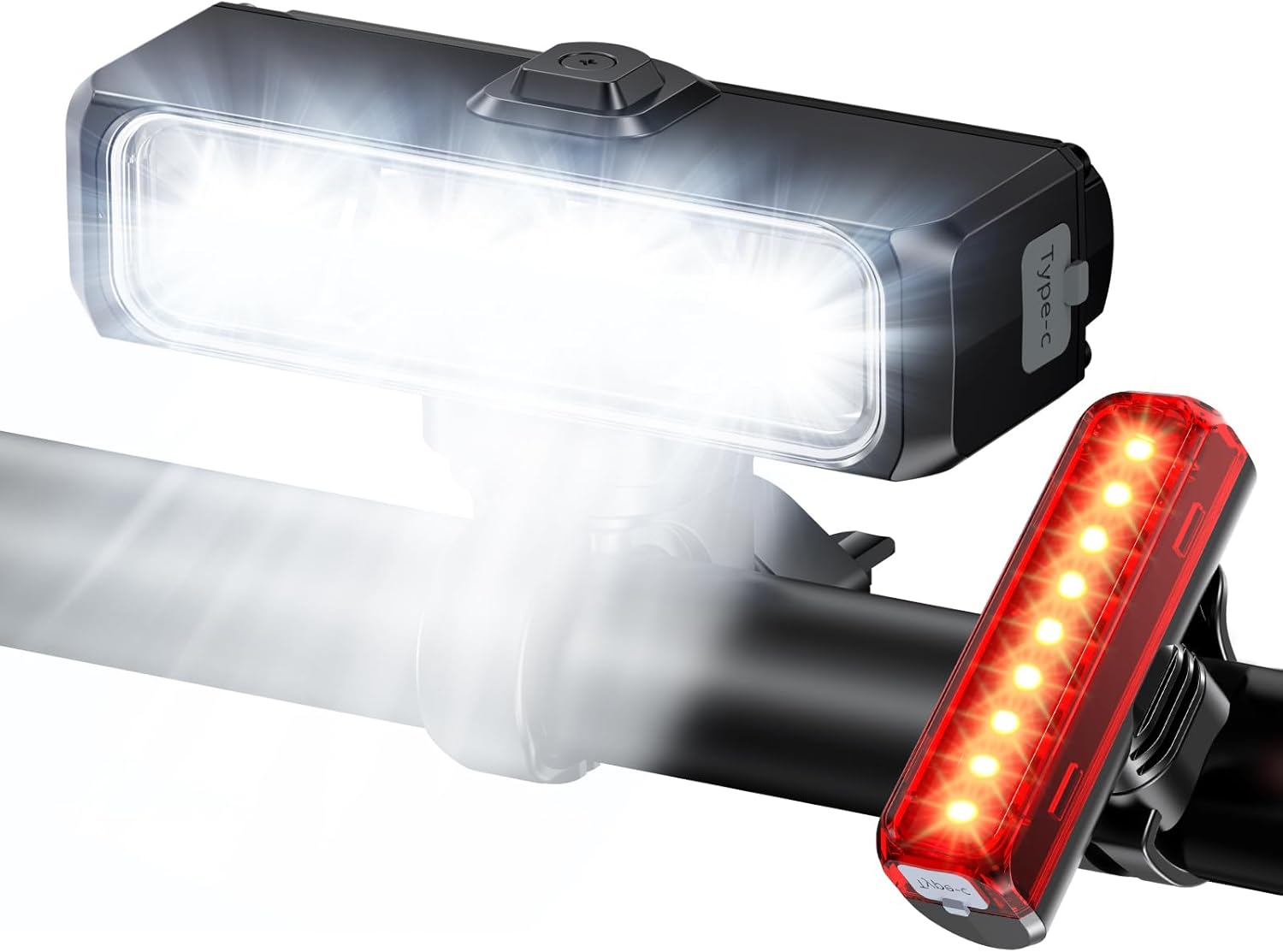Detalle de EOIWUY bike lights set (1500LM front) with wide beam, 4+5 modes and USB Type-C charging, IP65 waterproof
