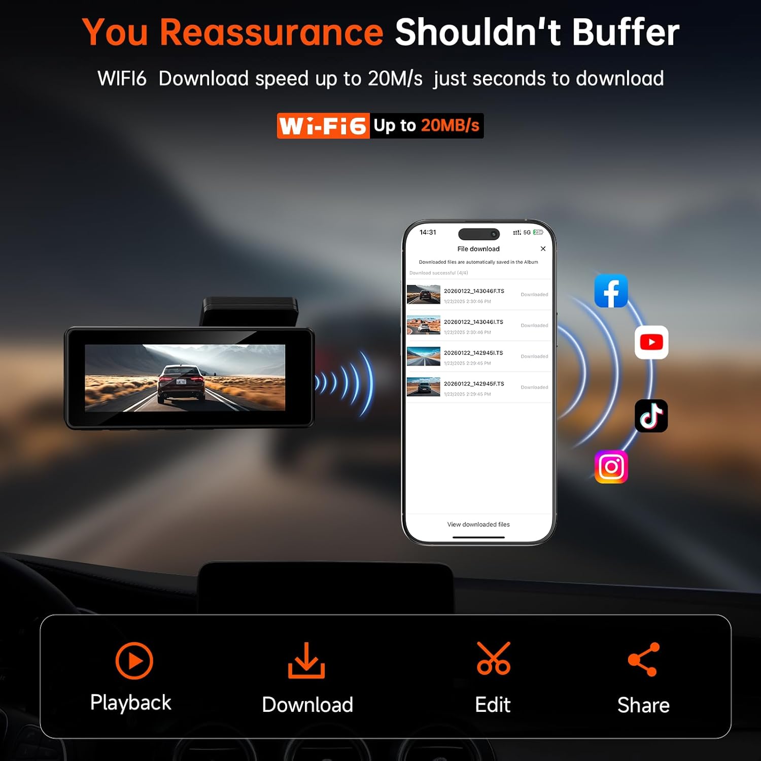 Detalle de Veement Dash Cam Front and Rear Camera – 4K+4K Dual Channel with Wi‑Fi6, 64GB SD Card, Night Vision and 24H Parking