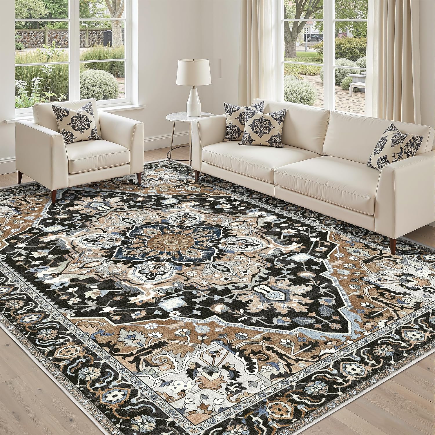Detalle de Deerly 6' x 9' Washable Area Rug, Low Pile, TPE Backing, Black/Multi