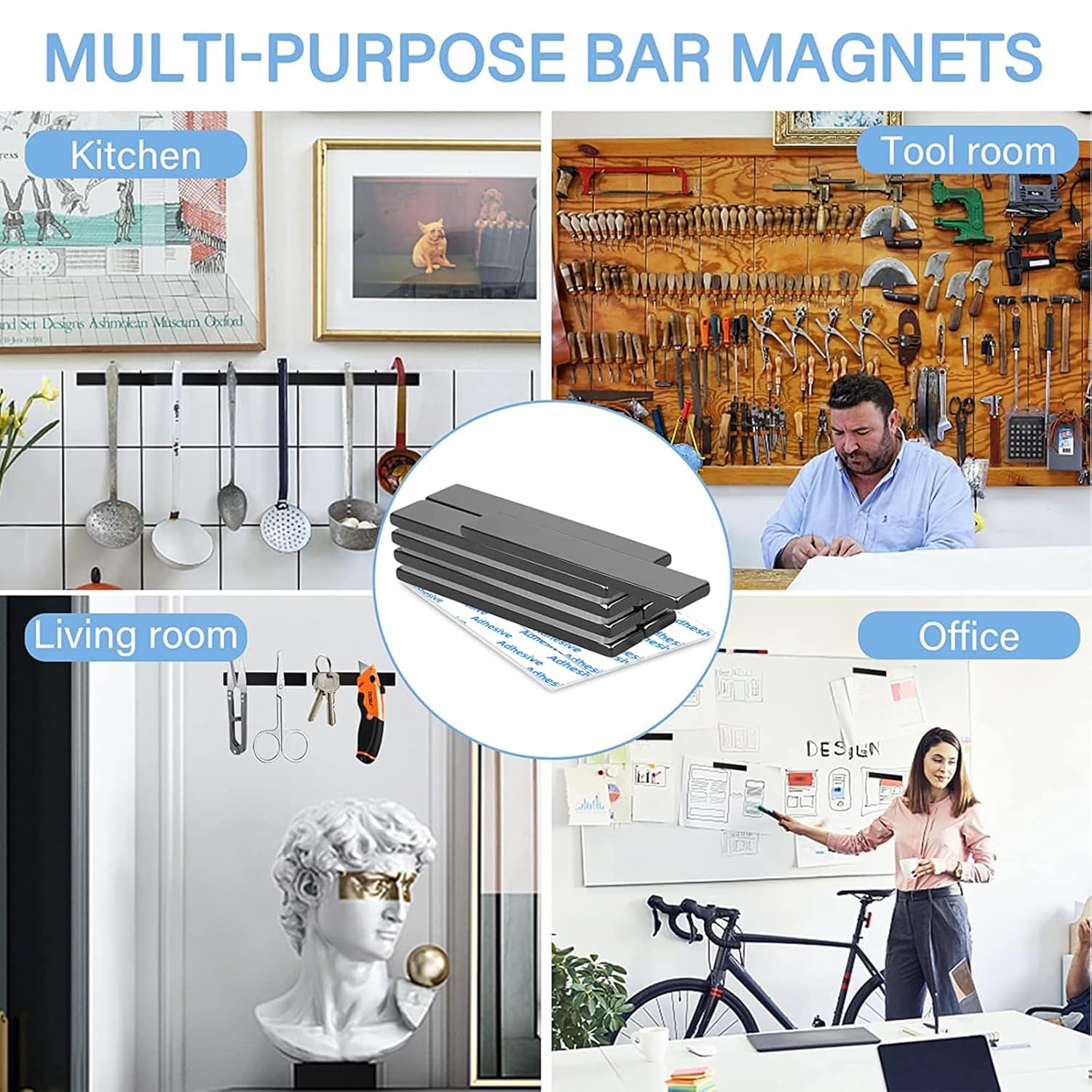 Detalle de Grtard 4 Pack Neodymium Magnets (60 x 10 x 3 mm) with Double-Sided Adhesive Strips
