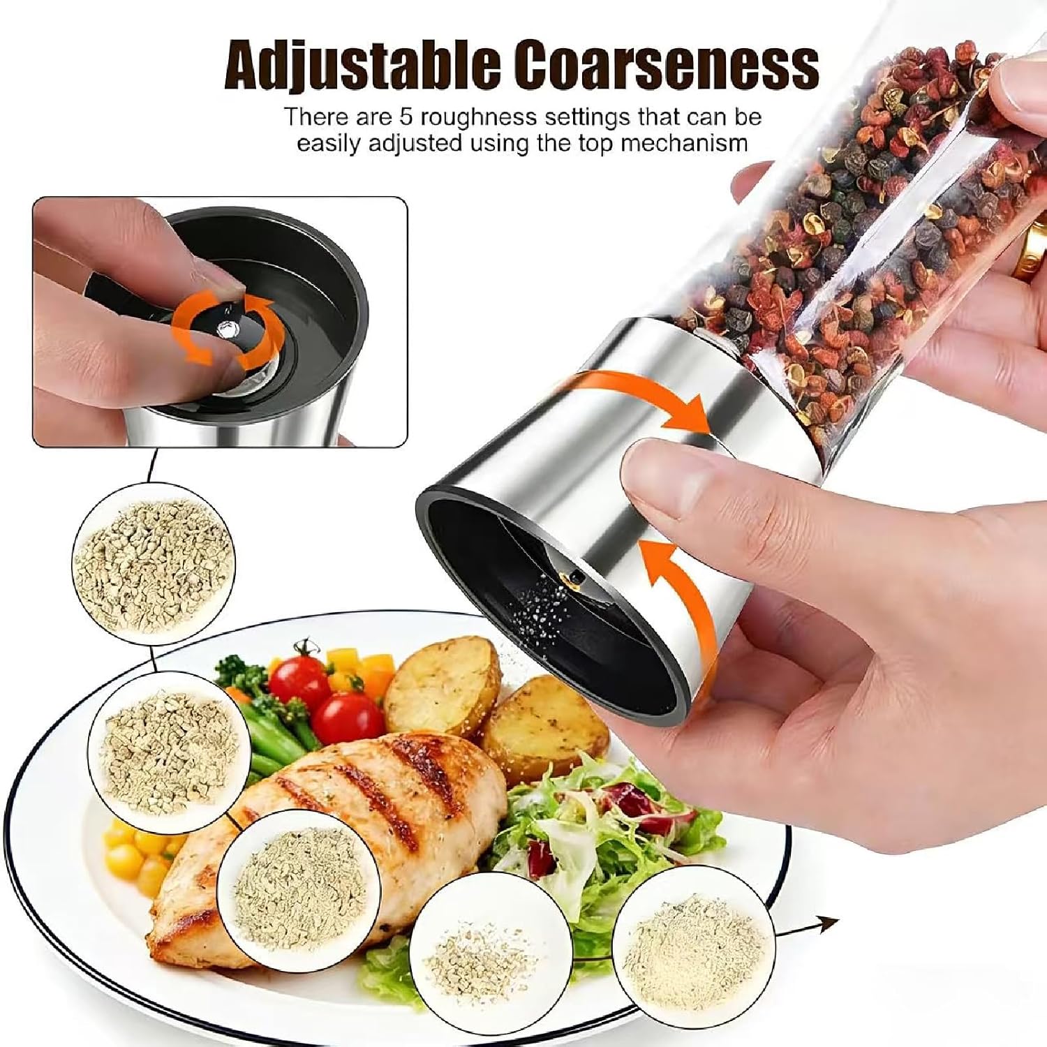 Detalle de CUESVAP VP-YMQ24 Salt and Pepper Mills, Adjustable Ceramic Grinder, Glass Body
