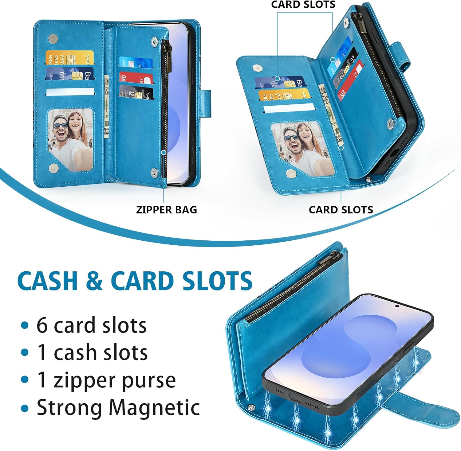 Thumbnail 2 de Asuwish Blue Zipper Wallet Case with Detachable Straps for Samsung Galaxy S25 5G