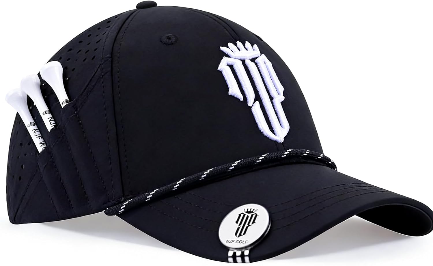 Detalle de NJF Golf Hat Men: Breathable Adjustable Rope Hook-and-Loop Cap with Tee Holder