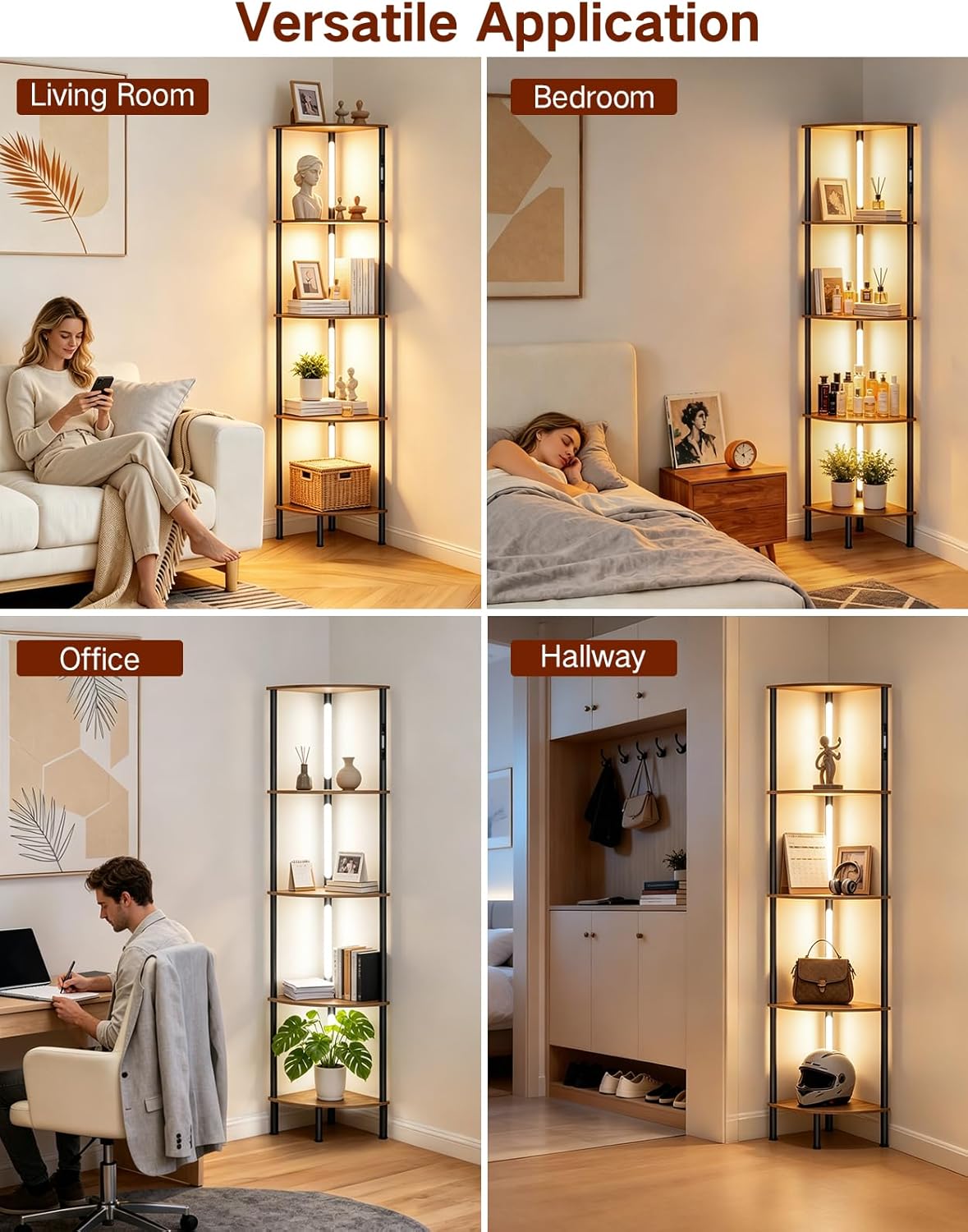 Detalle de OUTONLIFE LED Floor Lamp with Shelves (Rustic Brown) – 3 Colour Temps, Touch & Remote