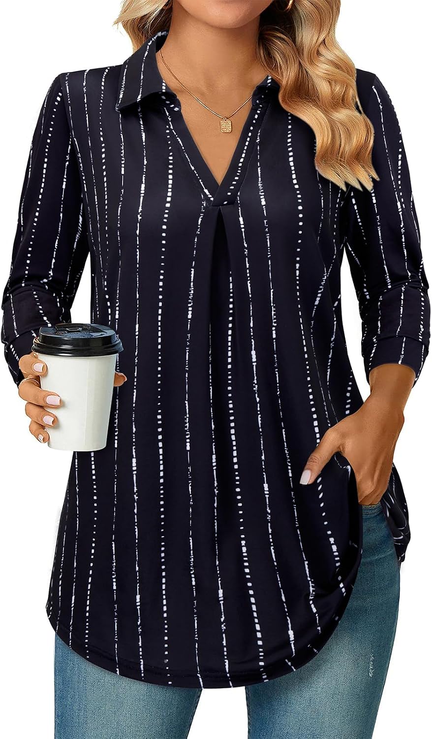 Thumbnail 2 de Siddhe Damen Bluse V-Ausschnitt 3/4 Ärmel Langarm Shirt