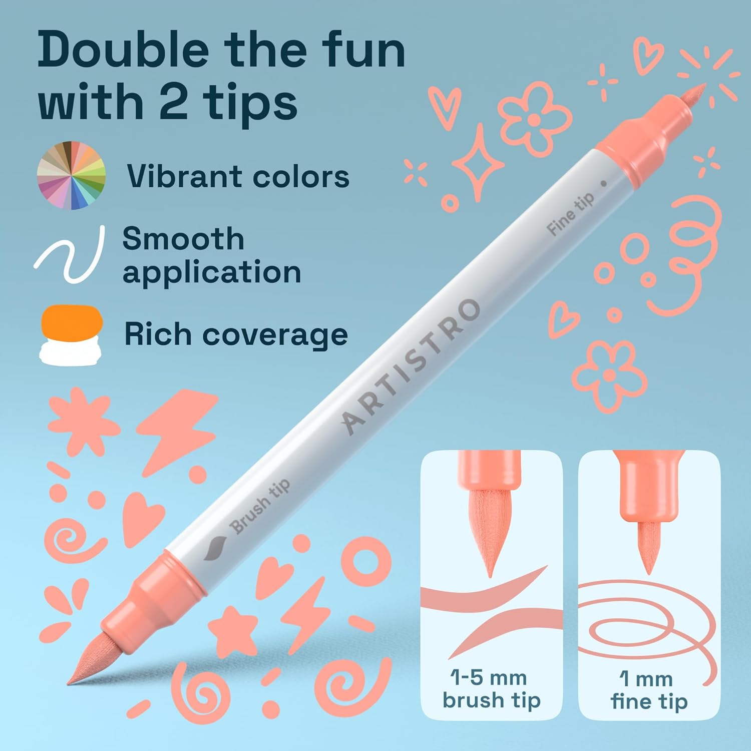 Thumbnail 2 de ARTISTRO 24 Acrylic Paint Pens Dual Tip (Brush & Fine) – 24 Pastel Markers for Fabric, Canvas, Rock, Glass, Wood