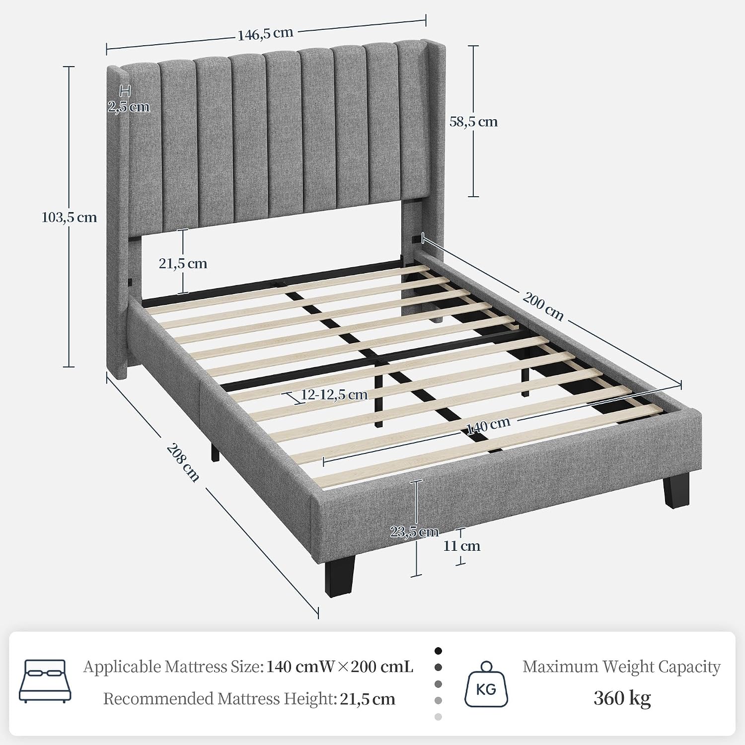 Detalle 2 de Yaheetech Cama tapizada 140x200 Gris Claro