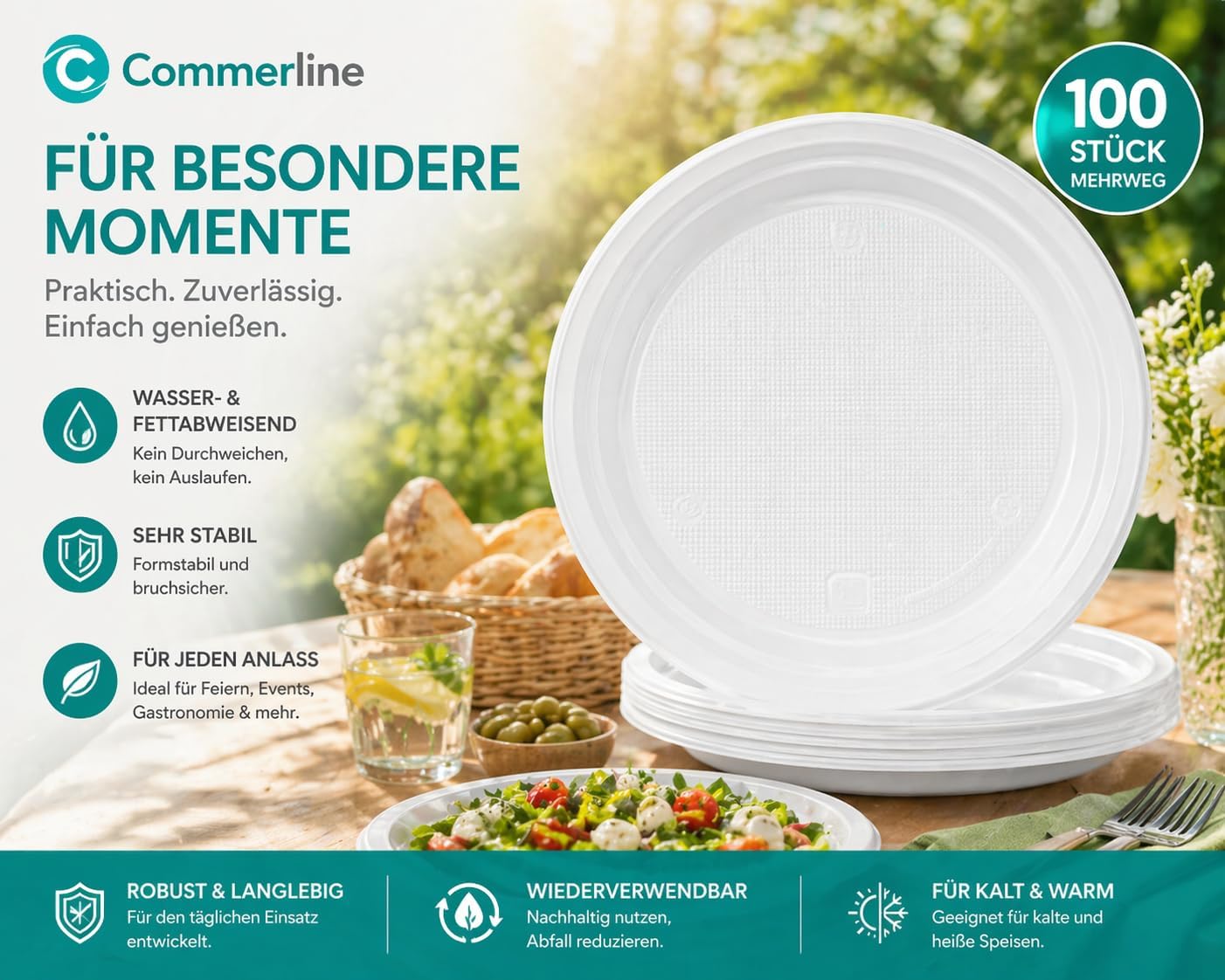 Thumbnail 4 de Commerline Plastikteller 100 Stück Ungeteilt Ø22 cm – spülmaschinenfest und vielseitig einsetzbar