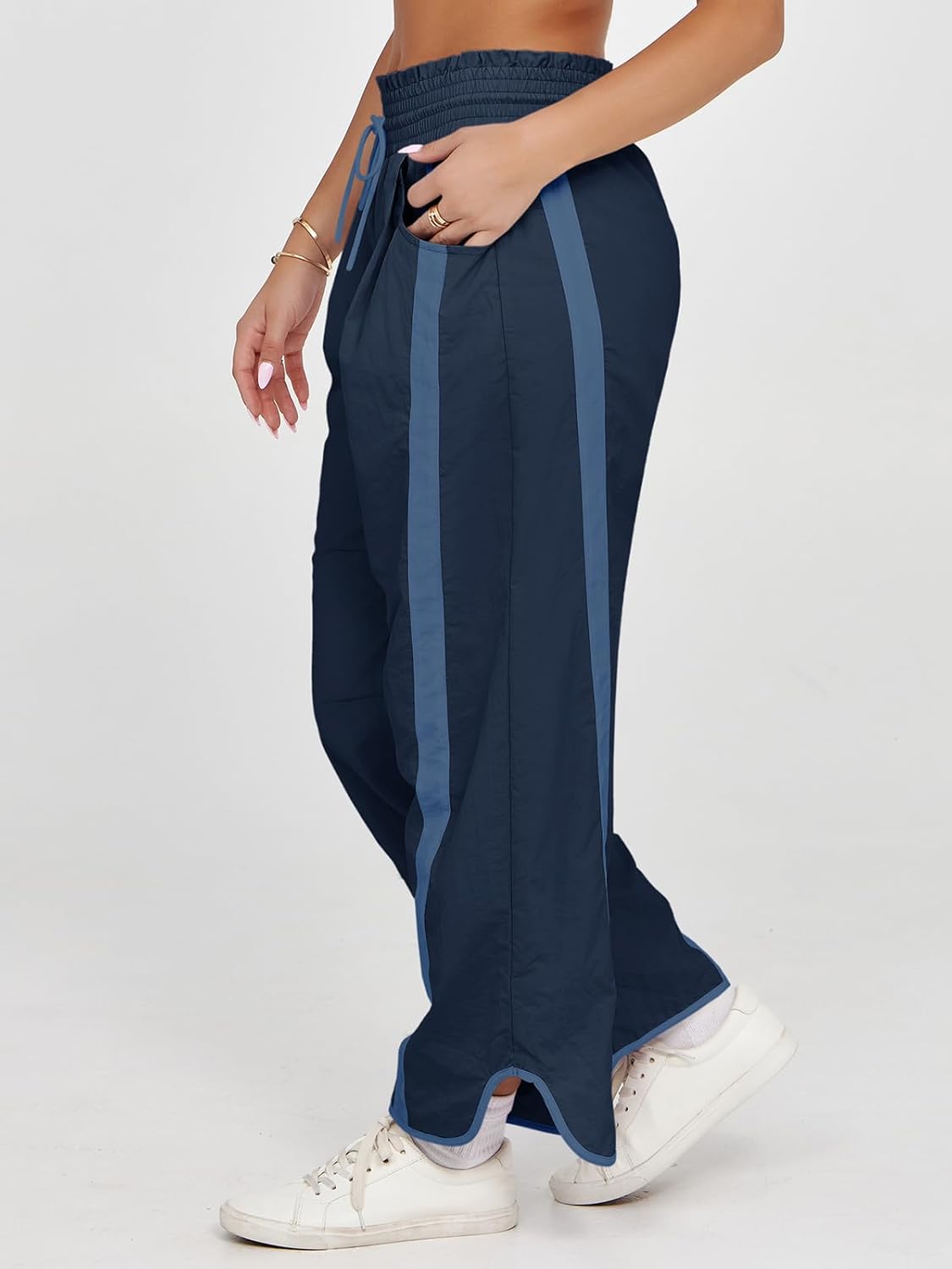 Detalle 2 de Fisoew Women's Baggy Wide Leg Pants – Casual Drawstring Elastic Waist, Contrast Color Track Pants