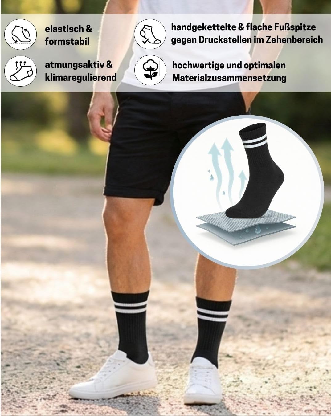Detalle de sockenkauf24 Herren Tennissocken (6 Paar) – atmungsaktive Retro Crew-Sportsocken mit verstärkter Ferse & Fußspitze