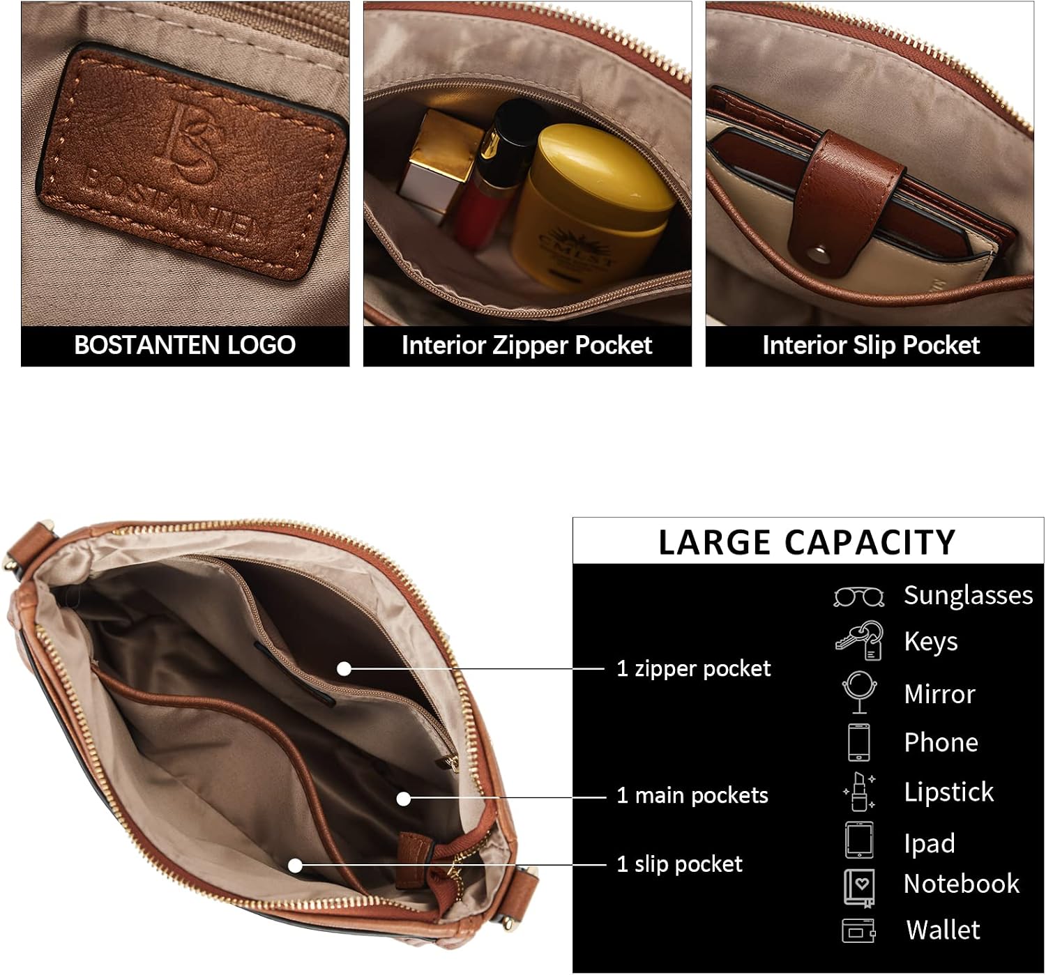 Thumbnail 4 de BOSTANTEN Crossbody Bags for Women — Vegan Leather, Wide Strap, Brown