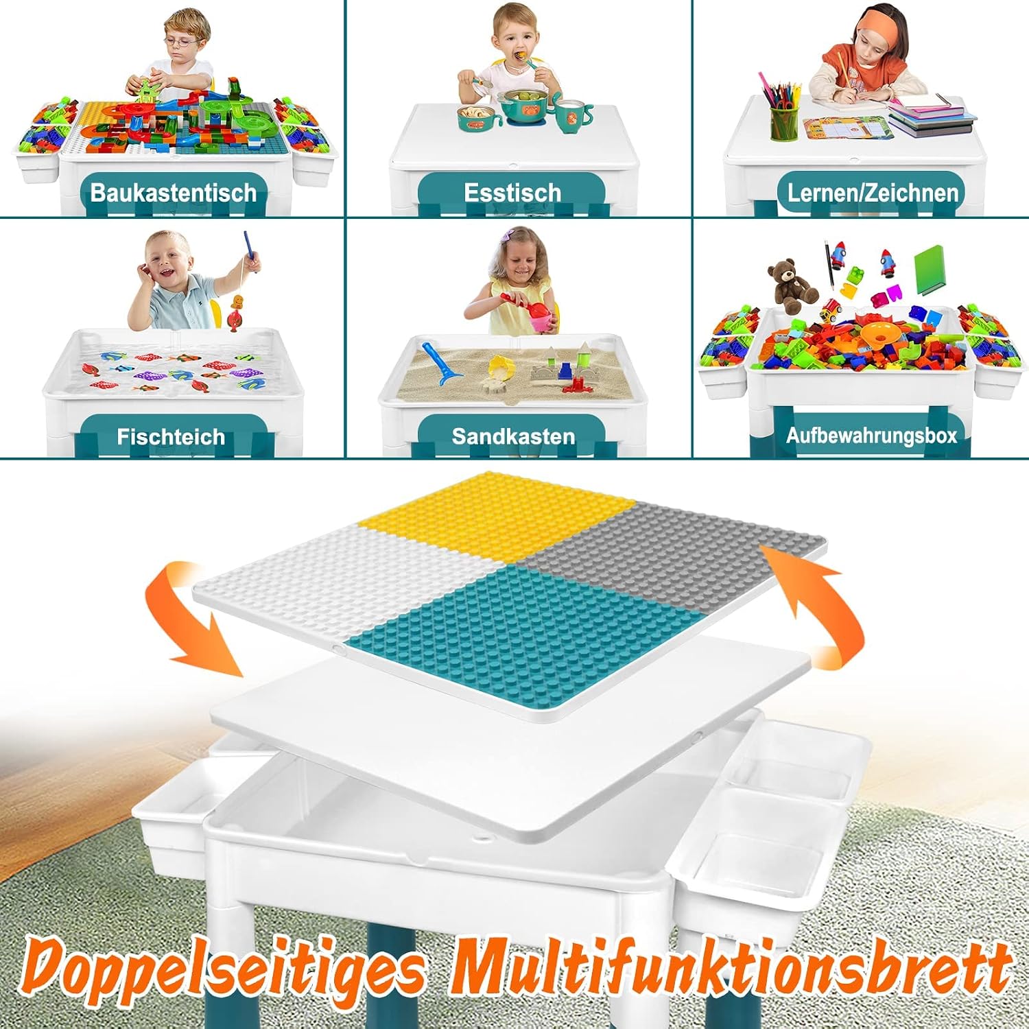 Detalle de LZQ 6-in-1 kindertafel met stoelen, bouwplaat en opbergruimte