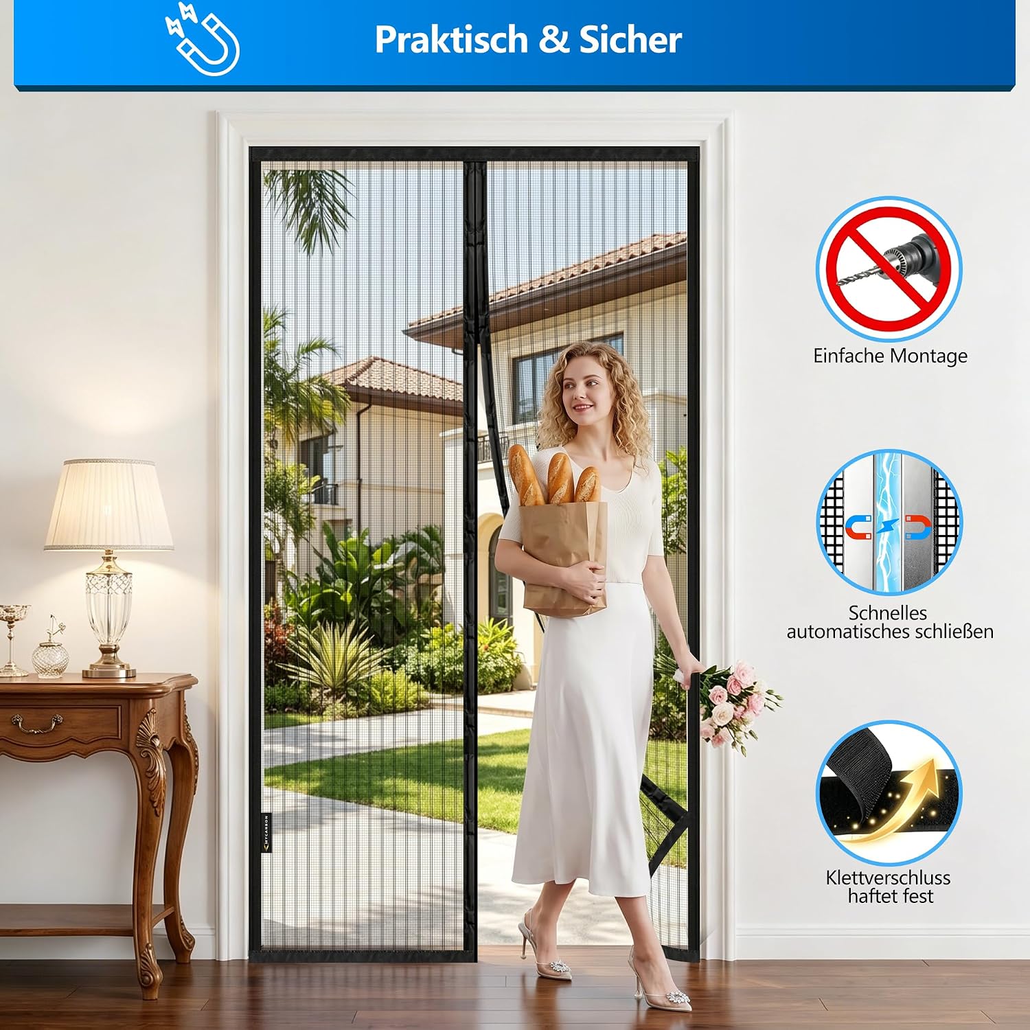 Detalle de MYCARBON Fliegengitter für Außentür 100 x 210 cm – magnetisch, ohne Bohren, Klebeband