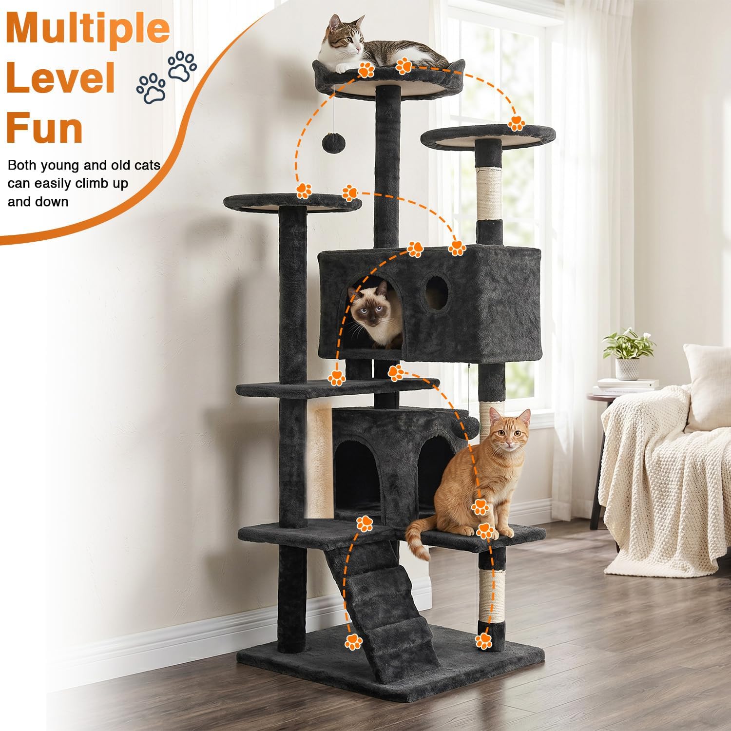 Detalle 2 de FDW Cat Tree 54-Inch Tower with Sisal Posts, Condo and Plush Perches