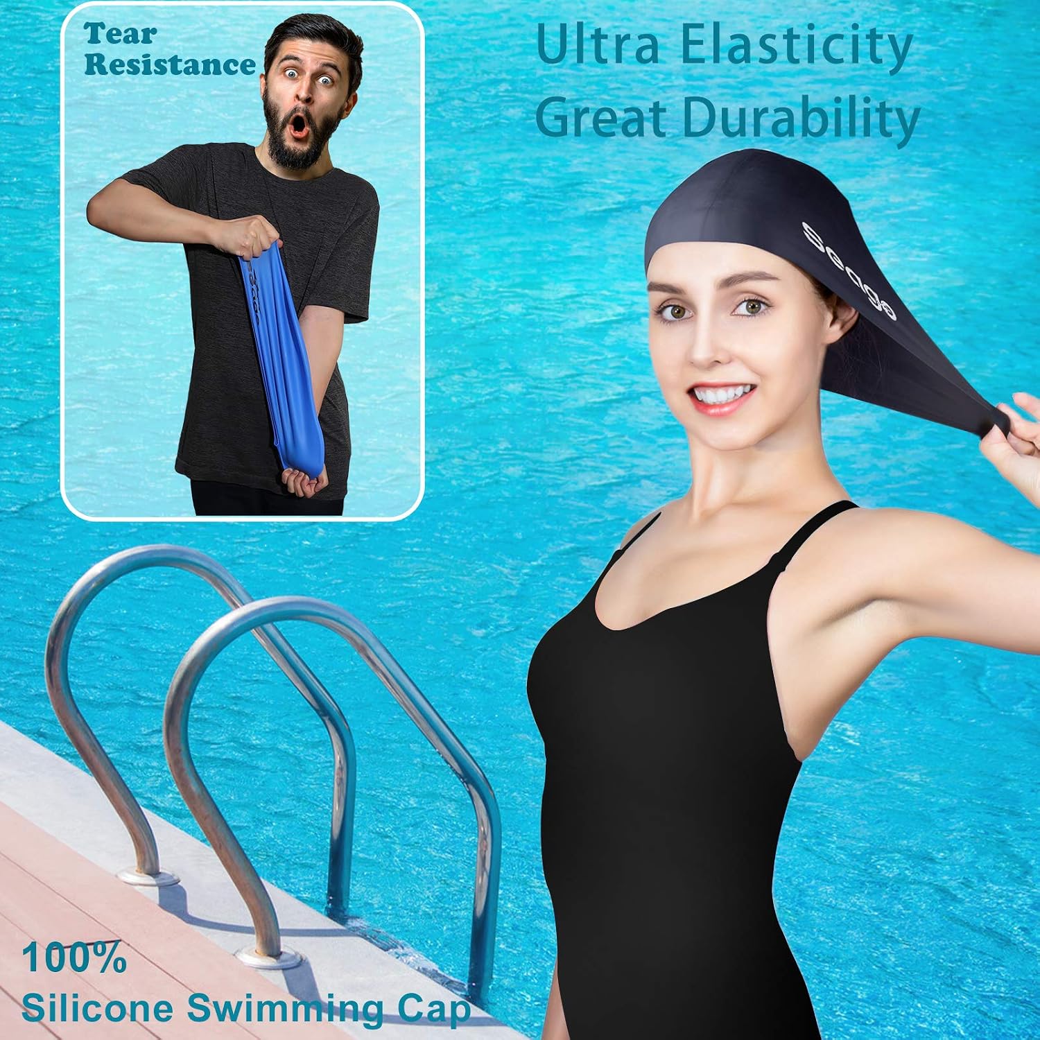 Detalle 2 de Seago Long Hair Silicone Swim Cap 2-Pack for Braids and Dreadlocks