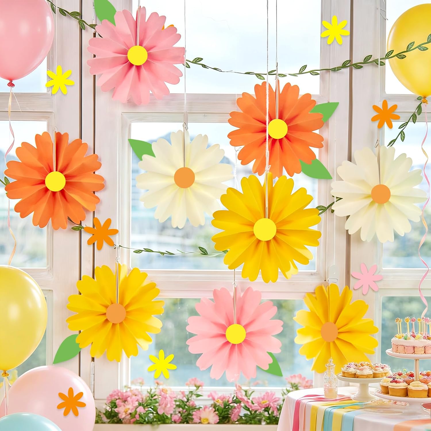 Detalle de SUNBEAUTY 48er Set Papierfächer Deko (Ø 15 cm) mit Stickern – orange & gelb für Party, Garten, Hochzeit & Kinder