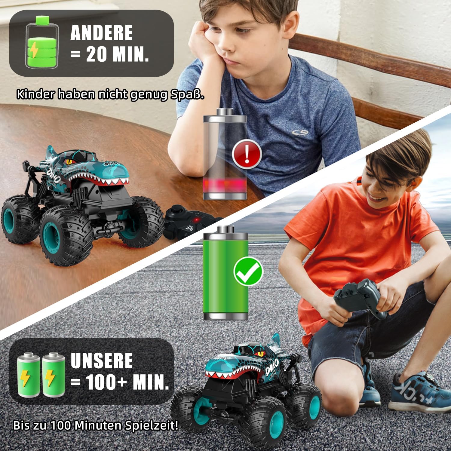 Detalle 2 de Ferngesteuertes 2,4GHz Monstertruck Auto (1:20) mit Dinosaurier-Optik, LED-Licht & Musik – ca. 20 km/h