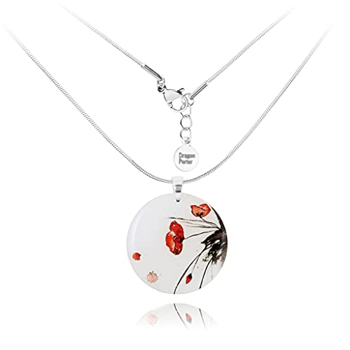 Detalle de Dragon Porter Colgante Ajustable de Acero Inoxidable con Mandala Roja y Blanca – Collar Boho para Mujer