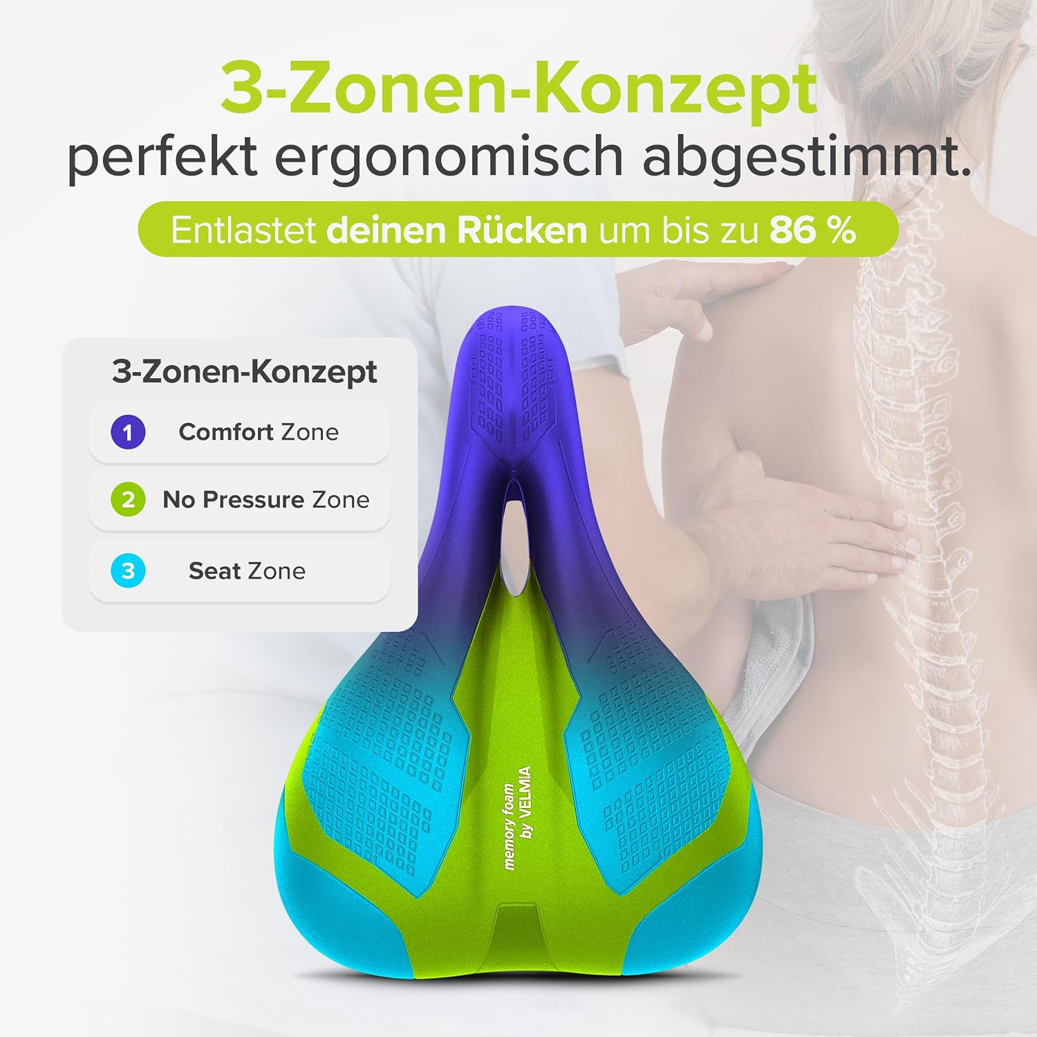 Detalle 2 de Velmia Fahrradsattel mit 3-Zonen-Konzept, ShockAbsorb-Federung & Memory-Schaum für Herren & Damen