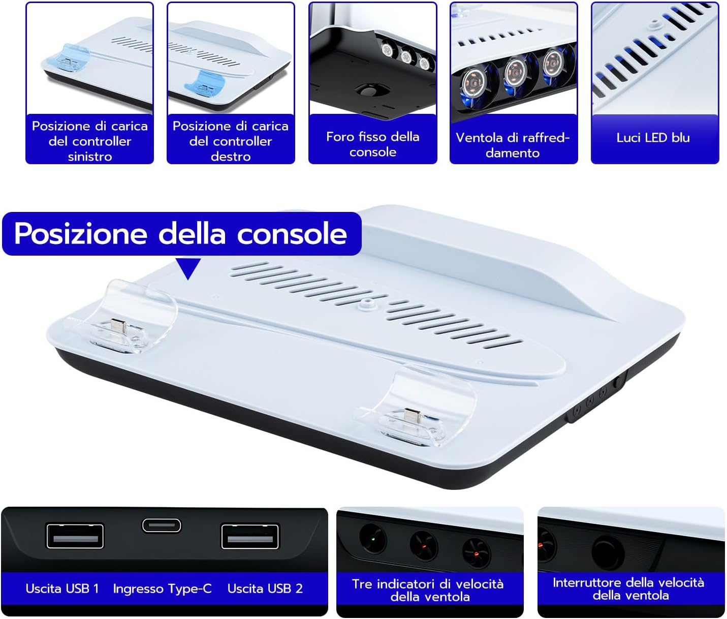 Detalle 2 de Wigearss Supporto verticale di raffreddamento PS5 con doppio caricatore per DualSense (PS5/PS5 Slim/PS5 Pro, Disc e Digital)