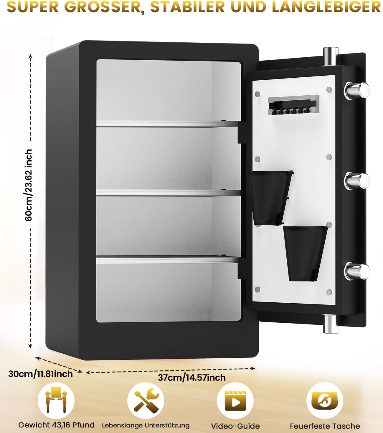 Detalle de 75L biometrischer Möbel-Tresor für Zuhause – Großer Kunststoff-/Stahlsafe mit Fingerabdruck, LED-Beleuchtung und Einbauoptionen
