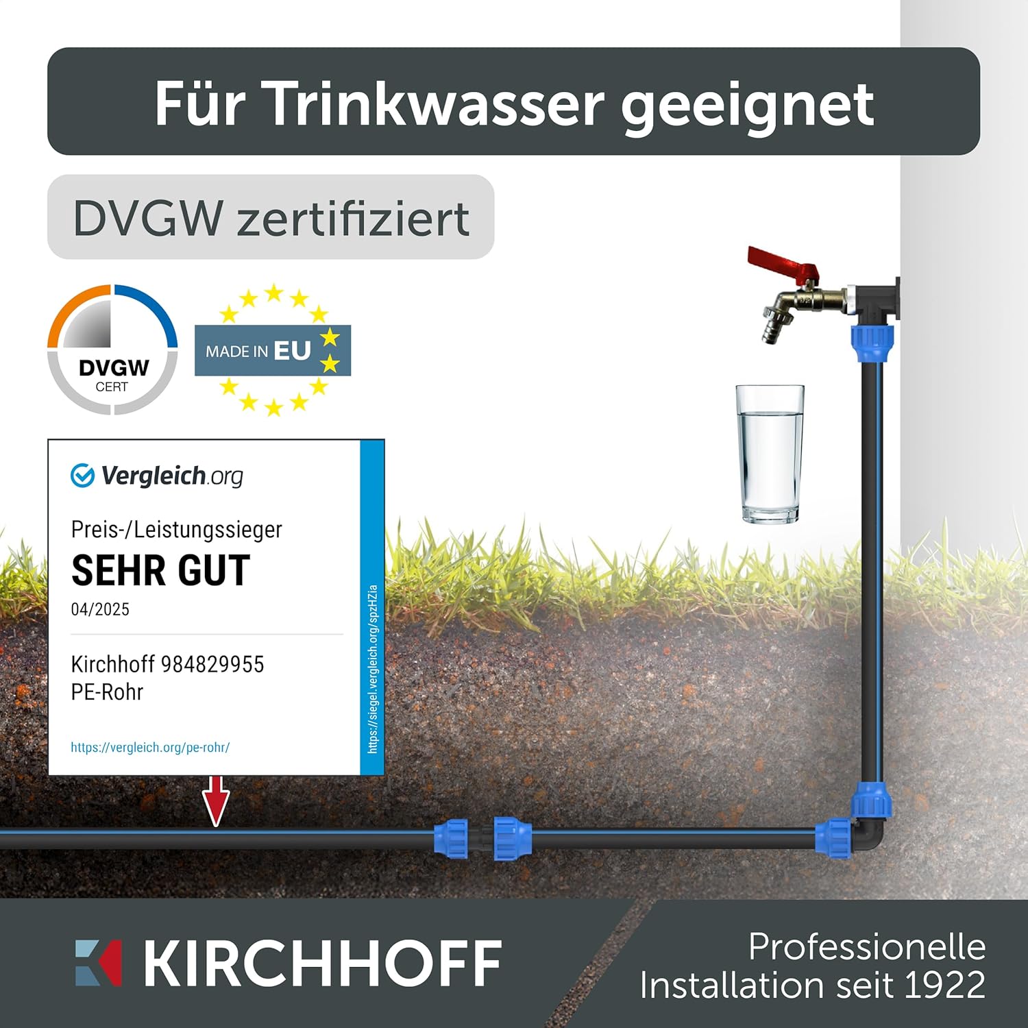 Detalle de Kirchhoff Wasserleitung 32 mm × 50 m aus HDPE – DVGW geprüft, für Trinkwasser geeignet