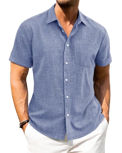 Detalle de J.VER Mens Linen Shirt Short Sleeve – Blue, Regular Fit, Cotton-Linen Summer Shirt (XL)