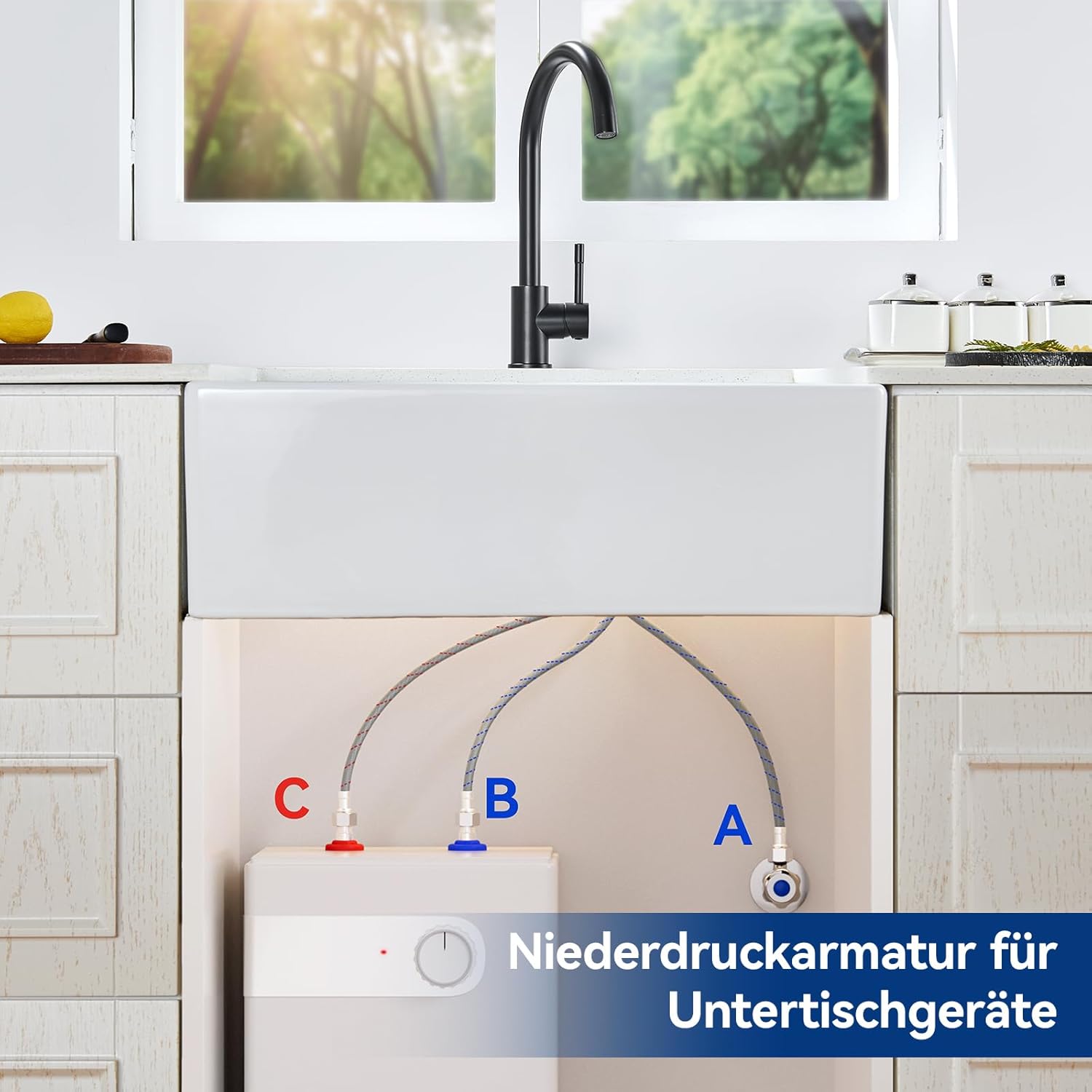 Thumbnail 1 de Niederdruck Armatur Küche Schwarz für Durchlauferhitzer & Untertischboiler – 360° drehbar, 3 Anschlüsse