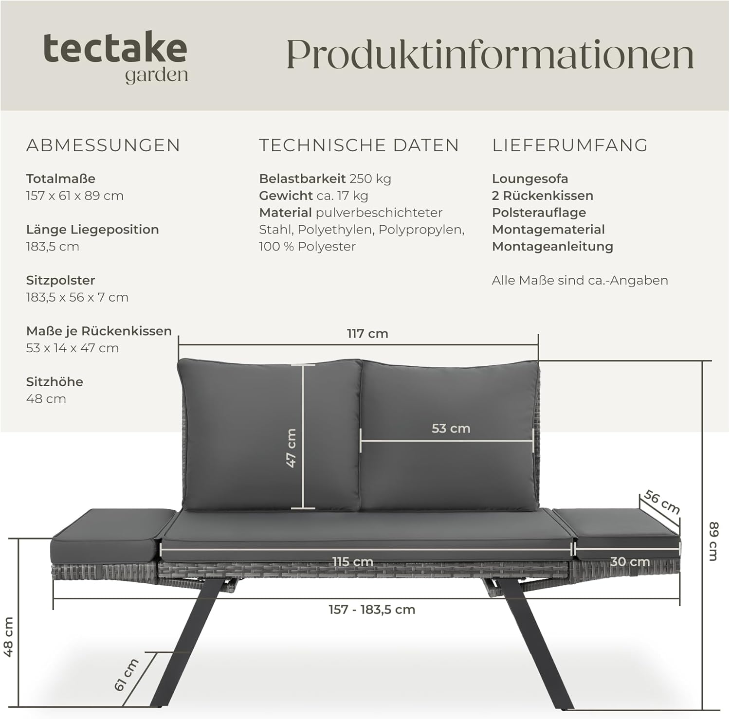 Detalle de tectake Rattan Loungesofa und Sonnenliege – 2-in-1 Gartenmöbel aus Polyrattan, grau