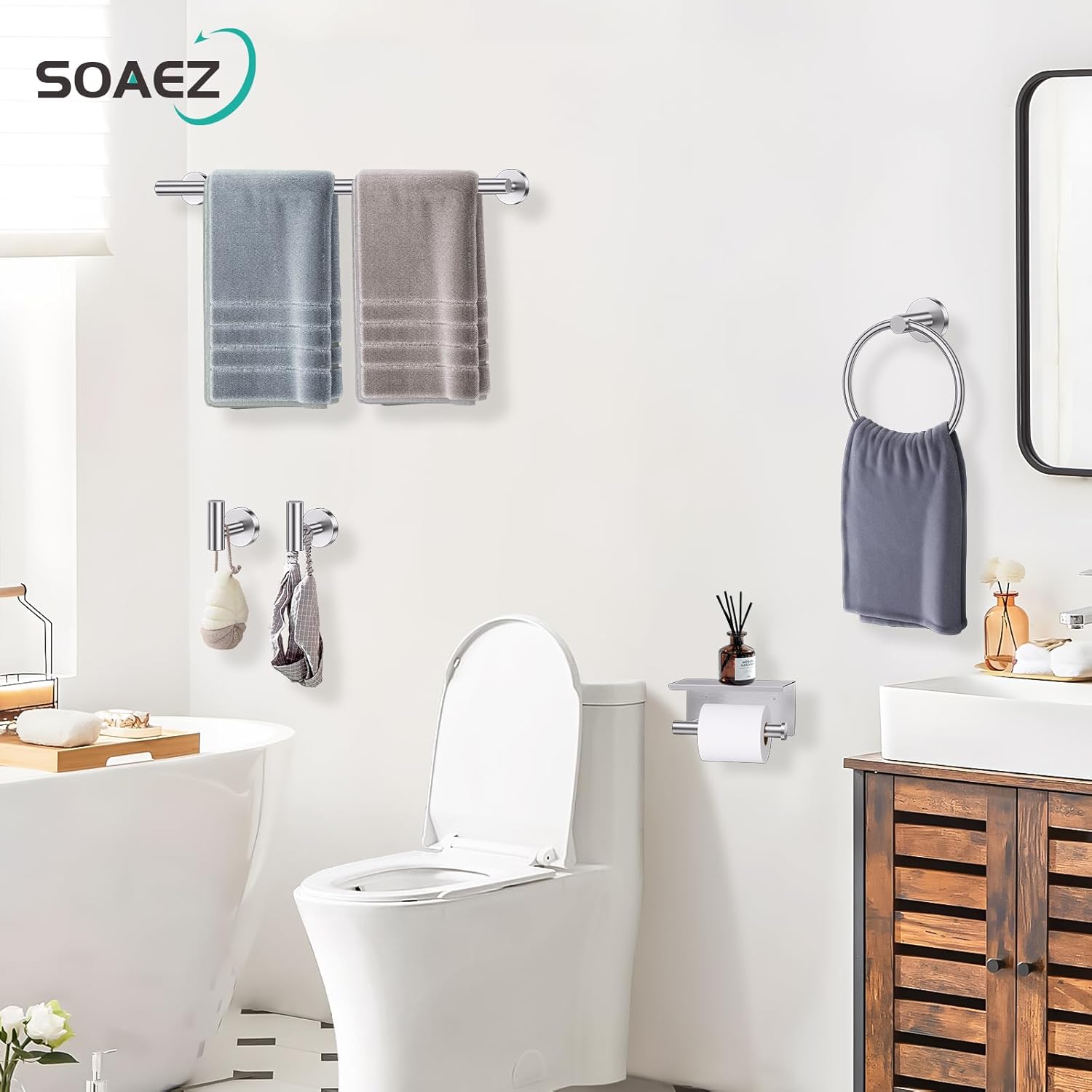 Thumbnail 6 de Brushed Nickel 5-Piece Bathroom Hardware Set with Shelf – 23.6 Inch Towel Rack & Towel Bar